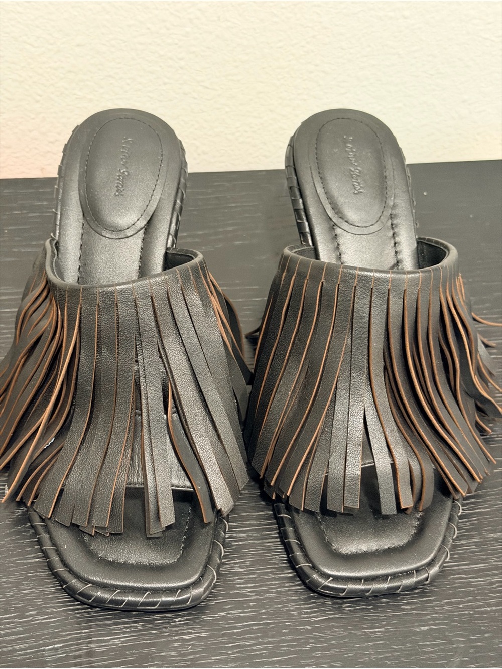 & Other Stories Black Leather Fringe Mule Heels Women's Size 8